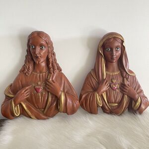 Vintage Jesus Mary Chalkware Hand Painted Wall Hangings Art Brown Tones Catholic